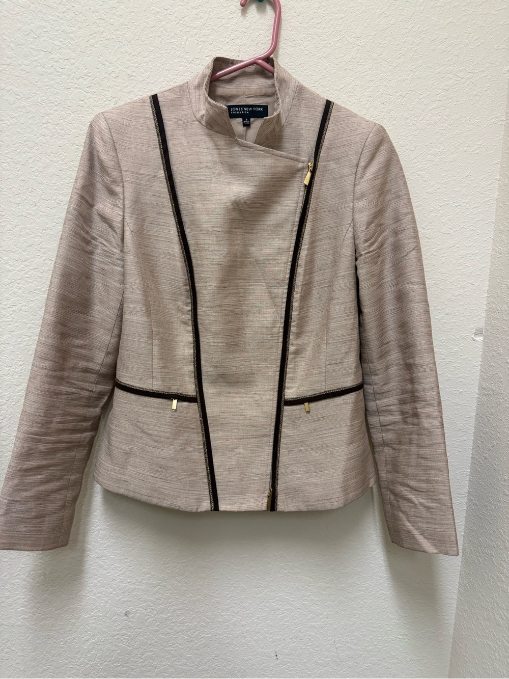 Jones New York Beige-Taupe Zip-Trimmed Blazer